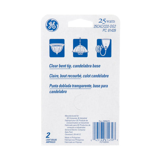 GE 25 Watt Small Candle Bulb, 2 ct
