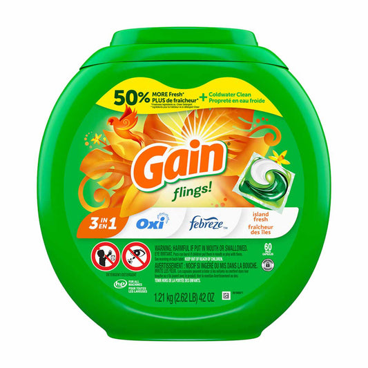 Gain Flings Laundry Detergent Pacs, 60 Count, Island Fresh Scent, 3 in 1 HE Detergent Pacs with Oxi Boost and Febreeze