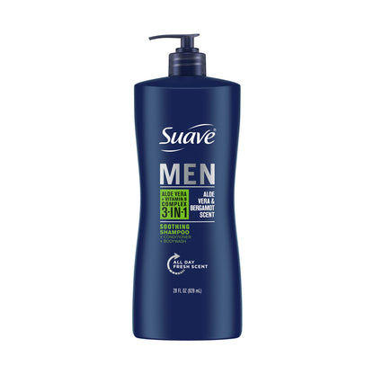 Suave Men 3-in-1 Shampoo, Conditioner & Body Wash - Aloe Vera & Bergamont Scent, 28 fl oz