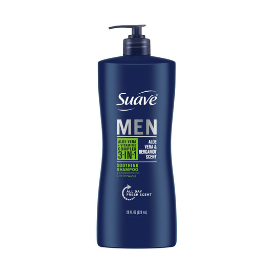 Suave Men 3-in-1 Shampoo, Conditioner & Body Wash - Aloe Vera & Bergamont Scent, 28 fl oz
