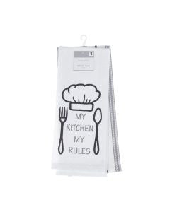 Home Style Printed Kitchen Towel Set - "My Kitchen My Rules" Grey Stripes, 2 pc