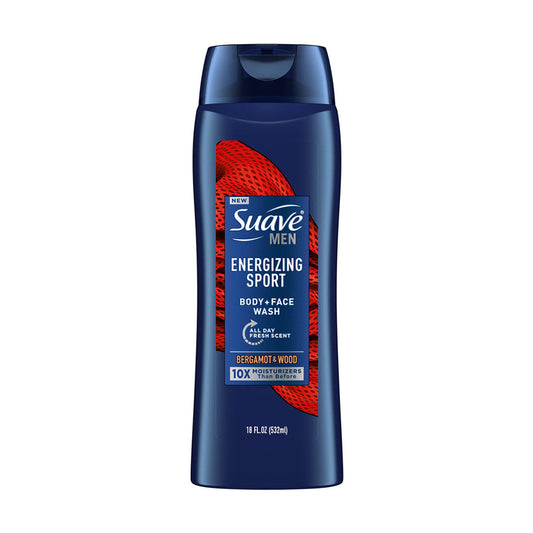Suave Men Body + Face Energizing Sport Wash, Bergamot & Wood, 18 fl oz