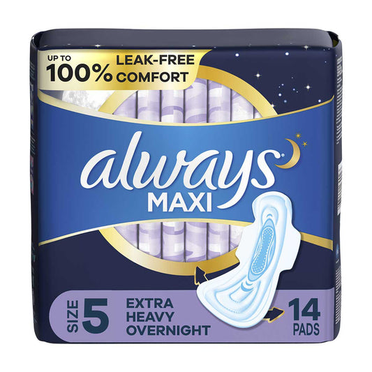 Always Maxi Pad with Wings, Size 5 Extra Heavy Overnight, 14 ct