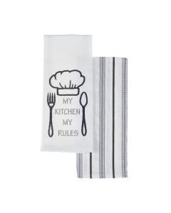 Home Style Printed Kitchen Towel Set - "My Kitchen My Rules" Grey Stripes, 2 pc