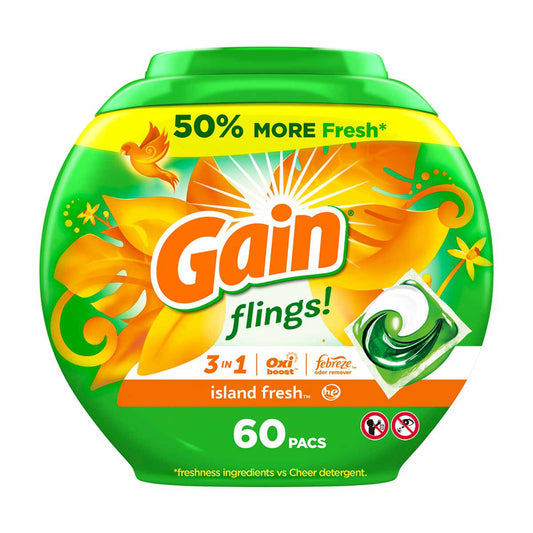 Gain Flings Laundry Detergent Pacs, 60 Count, Island Fresh Scent, 3 in 1 HE Detergent Pacs with Oxi Boost and Febreeze