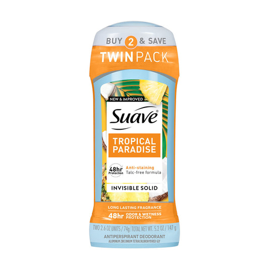 Suave Invisible Solid Antiperspirant Deodorant For Women, Tropical Paradise, 2.6 oz, 2pk