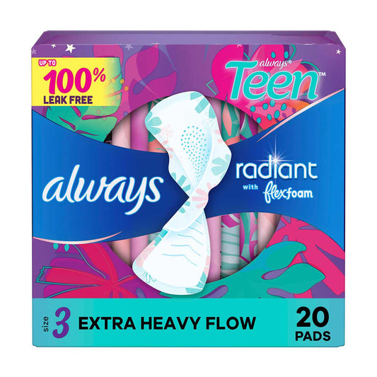 Always Radiant Teen Pads, Size 3, Extra Heavy, with Wings, Unscented, 20 CT