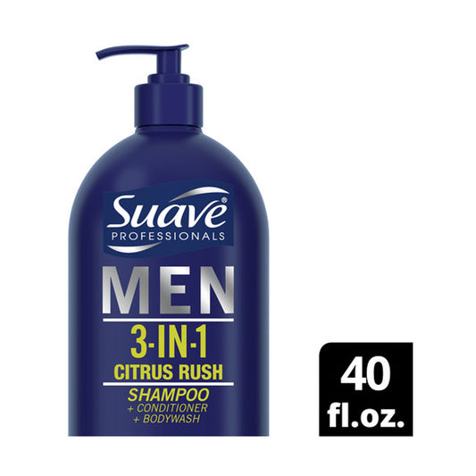 Suave Men 3-in-1 Citrus Rush Shampoo + Conditioner + Body Wash, 40 fl oz